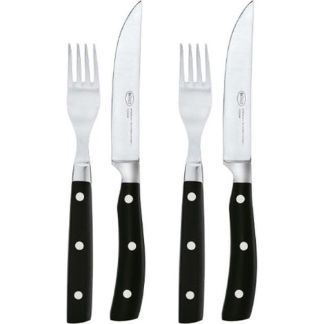 Couverts à steak set de 4, couteau à steak avec lame aiguisée en acier spécial à lames et fourchette à steak assortie, avec boîte en bois pratique incluse (1/3)