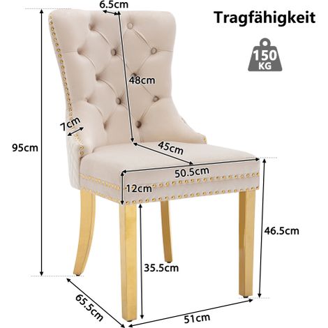 Chaises de salle à manger (Chaises de cuisine ou de salon dotées d'un anneau de préhension unique au dossier, Lot de 6) — Chaises rembourrées avec finition cloutée, pieds en acier inoxydable plaqué or (1/4)
