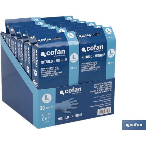 COFAN expositor caja 30 unds. guantes nitrilo t-l , Expositor de cartón con 12 cajas dispensadoras de 30 guantes de nitrilo sin polvo. Su colocación es ambidiestra y se caracteriza