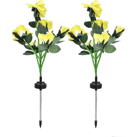 Lot de 2 lampes solaires rose à 6 LED, étanches, fleurs lumineuses jaunes pour décoration jardin, pelouse, cour (1/5)