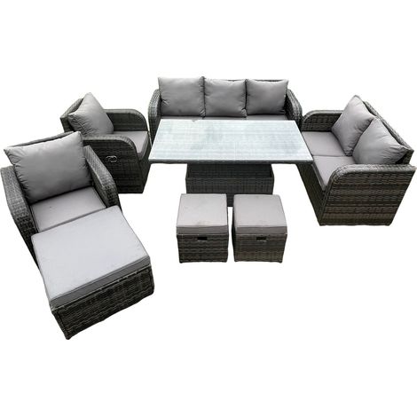 Fimous Osier PE rotin ensemble salon de jardin extérieur hauteur réglable table à manger chaise longue canapé ensemble 3 repose-pieds gris foncé mix (1/5)