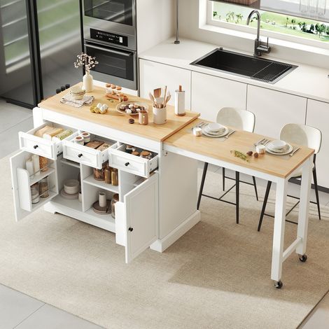 îlot de cuisine extensible sur roulettes avec coin repas, étagère à épices et tiroirs, table à manger, mobile et autoportant,blanc