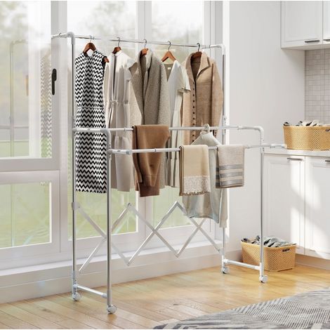 Stendibiancheria pieghevole in acciaio inox con 3 barre regolabili, con ruote, argento, OKMYHOME (1/5)