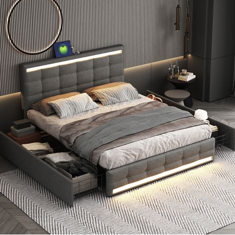 DESVIAE Lit double rembourré 140 x 200 cm avec LED 4 tiroirs de rangement et 2 ports USB tête et pied de lit avec éclairage cadre de lit en tissu aspect lin gris (1/4)