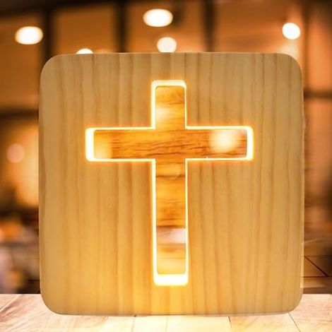 Cross Night Light Mini Religious Night Light 3D Cross Small Table Lamp For Bedroom Wooden Sculpture LED USB Powered Warm White Light Luminous (1/5)