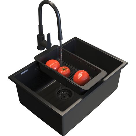 Évier Encastré en Granit Noir Granitan Manado 60 avec Robinet Grado Flexible, Siphon, Panier Pliable et Produit d’Entretien GraniProtect (1/5)
