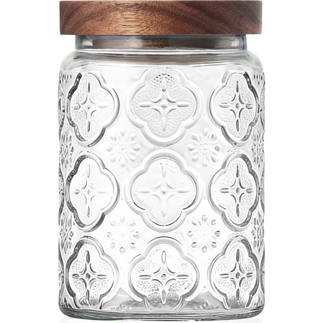 Bocal en verre vintage avec couvercle en bois – Boîtes hermétiques pour comptoir de cuisine, salle de bain, rangement de bonbons, biscuits, café, apothicaire, sucre, farine, friandises (1/5)