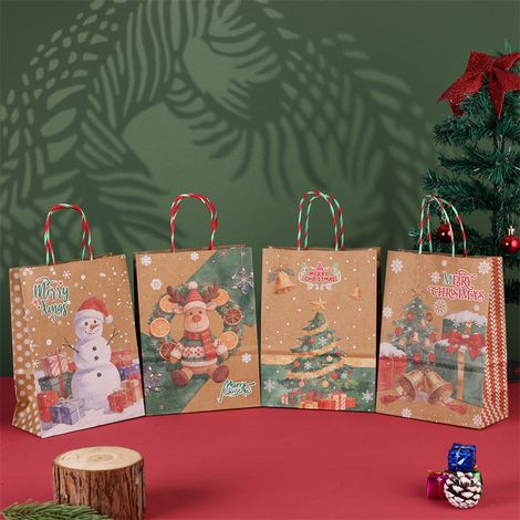 Sac cadeau de Noël kraft 4 pièces MC2607 16x22x8 cm papier 120g poignées torsadées (1/2)
