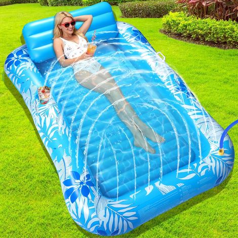 Matelas Gonflable Piscine avec Arroseur, Hamac Gonflable Piscine avec Coussins Et Porte-Gobelets, Imprimé Matelas De Bronzage 210 130 cm pour Piscine, Jardin, Pelouse Et Plage (1/5)