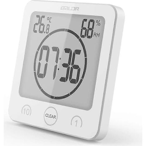 Horloge de salle de bain, minuteur de douche numérique, horloge de cuisine étanche avec thermomètre et hygromètre pour la douche, la cuisine et le maquillage (blanc). (1/5)