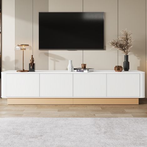 Meuble TV 200 cm à 4 portes rainurées, étagères réglables et passe-câbles, MDF blanc, OKWISH (1/5)