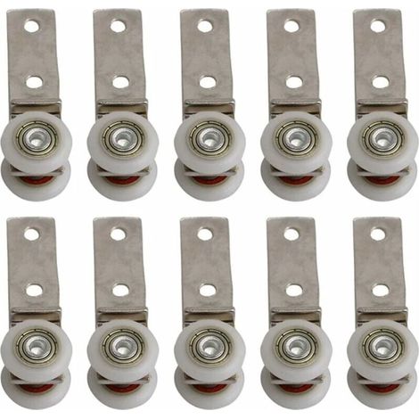 Paquete de 10 poleas de cojinete de codo de conducto metálico de 3/4" con dos ruedas de plástico para puertas corredizas y ventanas de gabinetes. (1/4)