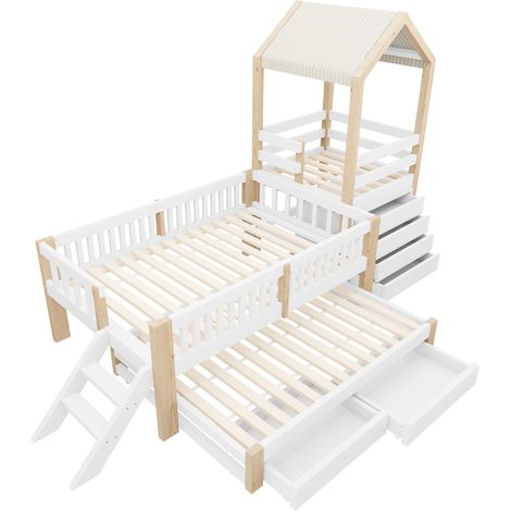 Cama infantil casita 90x200 con cama extraíble 90x190, cajones y escalera, blanco/natural (1/5)