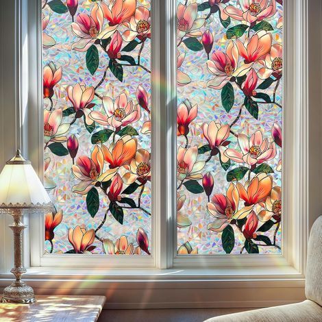 Dekorative Sichtschutzfolie für Fenster – Regenbogen-Magnolienmuster – Selbstklebend – Wiederverwendbar – UV-beständig – Farbig – Für den privaten Gebrauch – 43 x 200 cm (1/5)