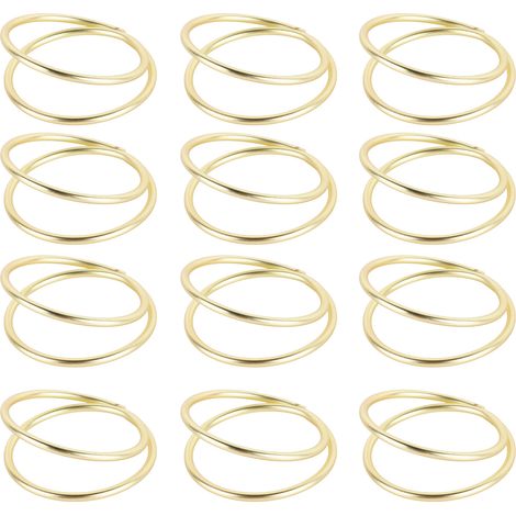 Ensemble de 12 ronds de serviette simples, métalliques, plaqués or mat, à boucle croisée, adaptés aux réceptions de mariage, banquets, fêtes et décorations de buffets. (1/5)