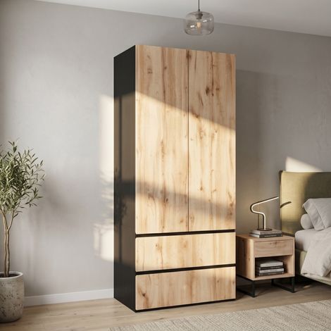 Armoire 2 portes avec penderie, 2 tiroirs et étagère, 90 x 50 x 200 cm, meuble de rangement en bois clair et noir pour chambre, entrée ou bureau – CHICFURN (1/5)