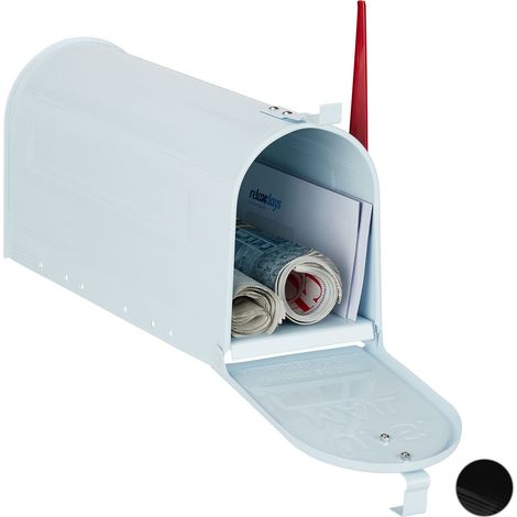 Relaxdays US Mailbox, stile vintage, bandierina rossa, look retrò, cassetta postale, scomparto giornali, bianca (1/5)