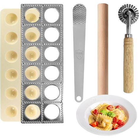Kit 4 Pièces Machine à Raviolis, Acier Inoxydable, Emporte-Pièces 40mm, Rouleau, Pour Dumplings Et Pâtes Frais
