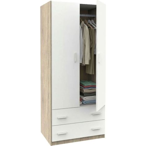 Armario Ropero Juvenil Dormitorio 2 Puertas 2 Cajones Roble Cambrian y Blanco Mate 74x180x50 cm