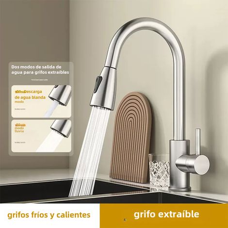 Robinet de cuisine extractible (argenté), robinet d'évier rotatif 2 en 1, eau chaude et froide (1/3)