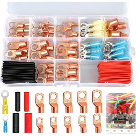 Cosses Tubulaires Kit, Cosses de Embouts de Câble Batterie  Cosse a Sertir en Cuivre pour Câble Électrique Voiture Boîte Distribution Application Solaires, avec Gaines Thermorétractable