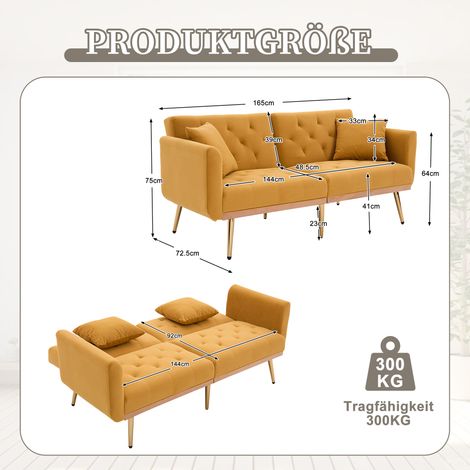 Canapé deux places moderne pour salon, canapé deux places avec coussins, canapé en velours avec dossier réglable, canapé-lit confortable avec revêtement et pieds en métal pour petits espaces, jaune mo (1/5)