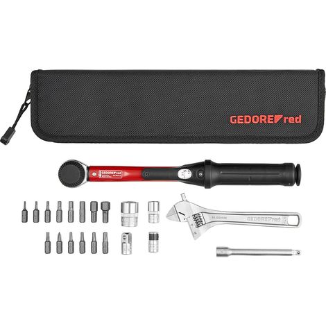 GEDORE set di attrezzi per bicicletta rosso con chiave dinamometrica da 1/4 «, 21 pezzi, 5-25 Nm, adattatore da 3/8", estensione cardanica, punte, kit di riparazione con borsa, R21702021, nero/rosso (1/5)