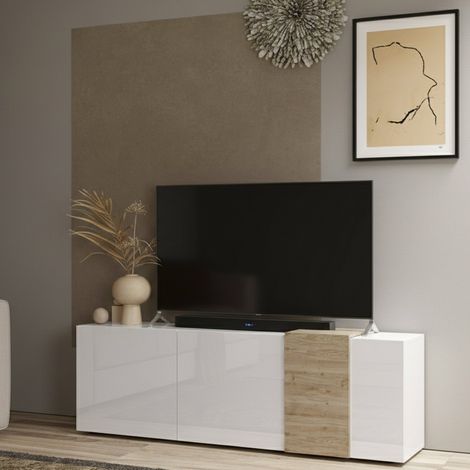 Dmora - Mueble de televisión Iseo, Aparador de salón, Mueble bajo para TV, Base de pared equipada, Made in Italy, 181x44 h59 cm, Blanco brillante y Roble (1/5)