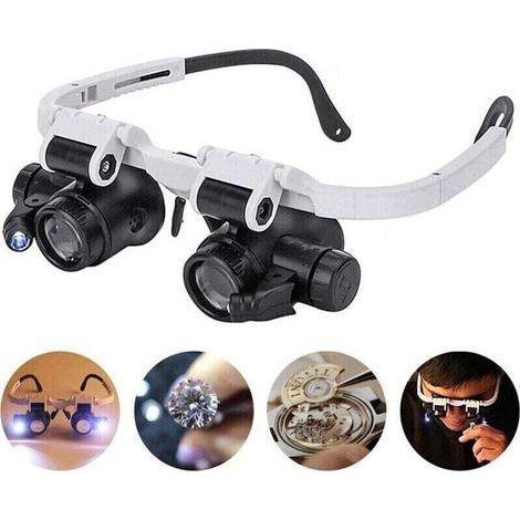 Lunette Loupe - 2 Lumières LED - Loupe Binoculaire - Lampe Loupe Grossissante pour Horloger, Lecture, Bijoutier, Couture - 8X-15X-23X (1/3)