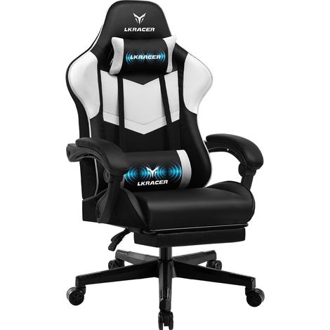 Gaming Stuhl Fußstütze Lendenkissen Kopfkissen 150kg Weiß (1/5)