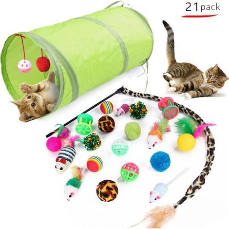 Juguete interactivo para gatos - 21 piezas - Pluma, ratón, cascabel - Verde