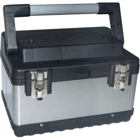 Perel Edelstahl Werkzeugkiste mit herausnehmbarem Einsatz, Metall Toolbox mit Aluminiumgriff und Metallverschlüssen, Werkzeugkoffer für Werkstatt und Garage, 38 x 27 x 22,5 cm, 23 L (1/5)