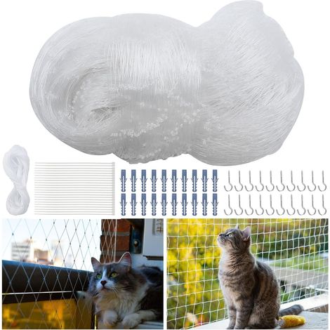 Filet Chat Balcon, Filet de Balcon sans Perçage, 4x3m Filet de Protection Chat Transparent, Filet Anti-Oiseaux 2,5cm, avec Corde Fixe et Accessori, pour Balcons, Fenêtres (Blanc) (1/5)