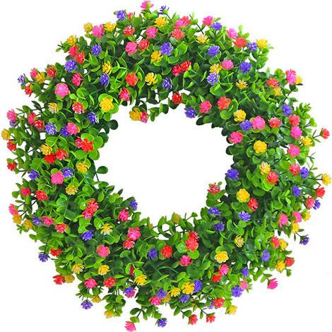 Couronne de 30 cm de fleurs artificielles multicolores et de feuilles vertes - décoration de porte style forêt-AquaForge (1/5)