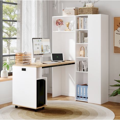 Escritorio plegable de MDF acabado roble blanco 104,5 cm con estantería 2 en 1, enchufe EU y USB (1/5)