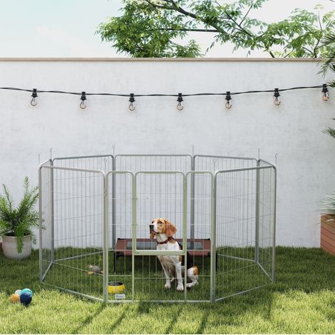 Parque para perros 160x160x100 cm de acero plateado, plegable, 8 paneles con puerta - MEUBLIV (1/5)
