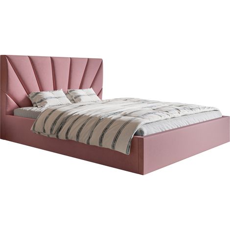 Lit Tapissé 180x200 Aris - Livraison Rapide - Tiroir de Lit, Tissu Velours & Sommier à Latte - Lit Double (Rose - Jasmine 61)