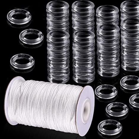 BUNTHAUS Lot de 100 anneaux de rideaux romains transparents et cordon de store romain de 50 m de 8 à 13 mm avec anneaux en plastique transparent de 1,8 mm Blanc tressé Cordon d'ombrage pour rideaux (1/5)