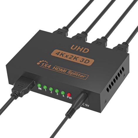 Splitter HDMI 4K Répartiteur HDMI 1 Entrée 4 Sorties V1.4 Alimenté 1x4 Ports Box Supporte 3D HDCP Duplicate/Mirror 4 écran pour Box PS4 PS3 Blu-Ray HDTV STB DVD Projecteur (1/5)
