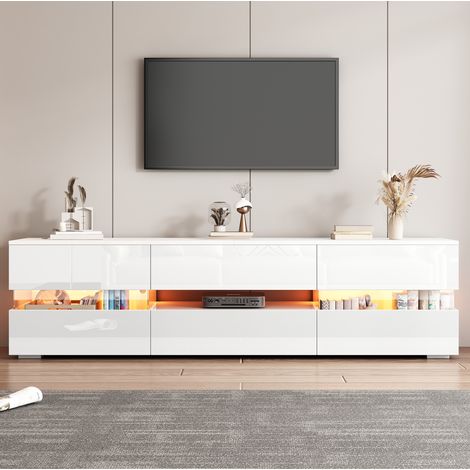 Mueble TV 160 x 39 x 45 cm con LED, 2 puertas, 1 cajón y nicho abierto, blanco DESVIAE (1/5)