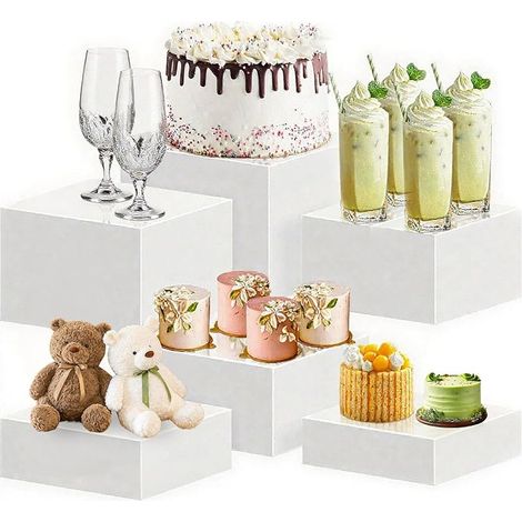 6Pcs Présentoir Aperitif Buffet avec Fond Creux 3/4/5/6/7/8in, Présentoirs Gâteaux Acrylique Blanc, Support Cubique Emboîtable pour Aliments, Desserts, Objets Collection, Bijoux, Décoration Figurines