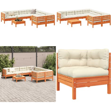 Set de sofás jardín 9 pzas con cojines madera pino marrón cera - Muebles de exterior - Sofás de madera