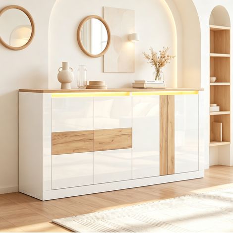 Madia 140x35x70 cm in MDF bianco effetto rovere con LED RGB salvaspazio - MEUBLIV (1/5)