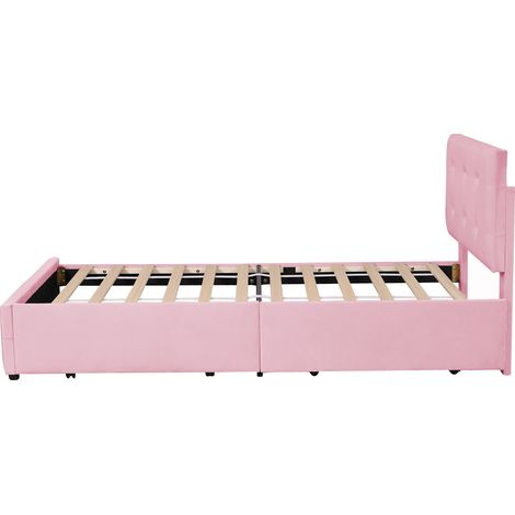 Lit rembourré 90 x 200 cm rose avec sommier à lattes, tête de lit et tiroir de rangement HOMVRA (1/5)