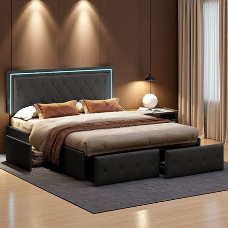 Doppelbett 160x200 - Großes Modell - Kunstleder Grau - Schubladenaufbewahrung - LED RGB App