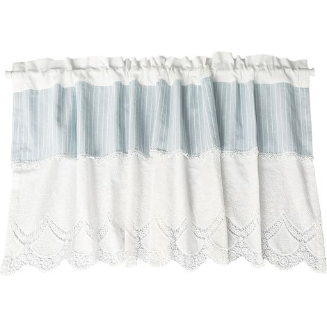 Cortina corta de cocina para ventana pequeña, algodón rústico, estilo mediterráneo, tela a rayas, cortina bordada con encaje azul y blanco. (1/5)