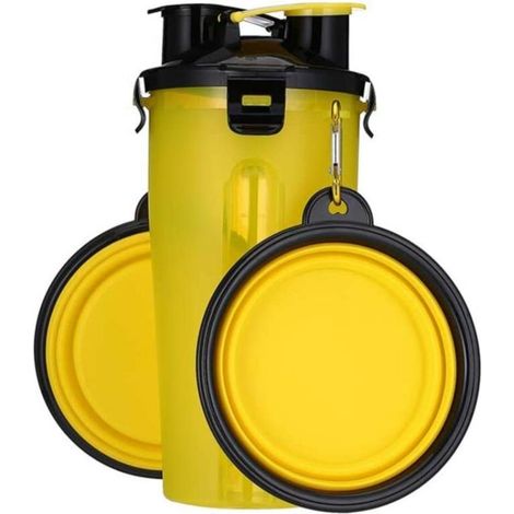 Bouteille d'eau pour Chien Portable,avec 2 Bols Pliables,2 en 1 Bouteille d'eau et Nourriture pour Chiens Chat Animaux,Voyage Bouteille pour la Marche,Exercice,Randonnée,Camping (jaune) (1/5)