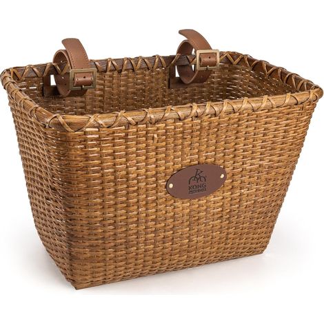 Panier de vélo - Design rétro, Guidon de vélo Robuste avec Support en Bois et Bretelles en Cuir, idéal comme Panier de vélo Avant (1/5)
