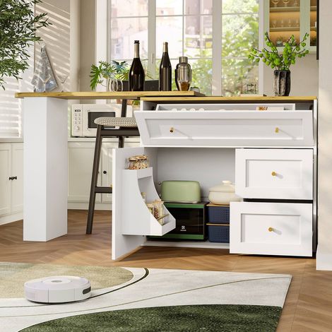 Table bar extensible 138‑204x39x105 cm blanche avec rangement et étagère snack – bistrotîlot multifonction (1/5)