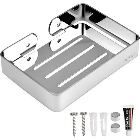 (Argento) Portasapone in acciaio inox, porta spugna da cucina autoadesivo, adatto per bagno e cucina (non è necessaria la foratura).